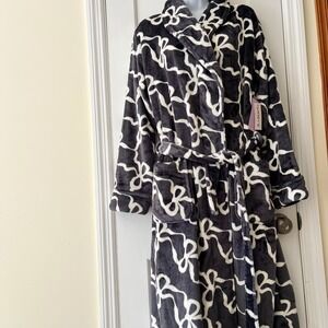 NWT Joyspun Plush Sleep Robe Gray White Bow Print Shawl Collar Womens L 12-14